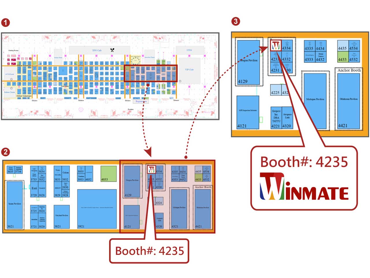 Map showing Winmate’s Booth 4235 location at XPONENTIAL 2025 exhibition in Houston.
